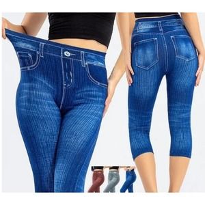 Women's High Rise Imitation Denim Print Elastic Stretch Leggings Blue New